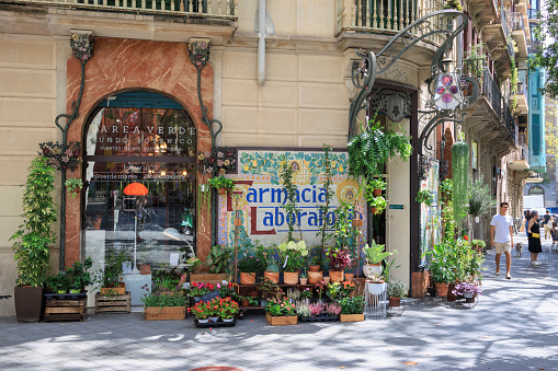 Barcelona, Spain - September 16, 2023: A shop in Barcelona selling plants and flowers, housed in a former pharmacy.