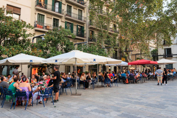Barcelona bars and restaurants in small plaza stock photo