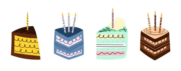 Vector illustration of Decorative hand drawn pieces of Birthday cakes with candles on a white background. Slises of cakes.