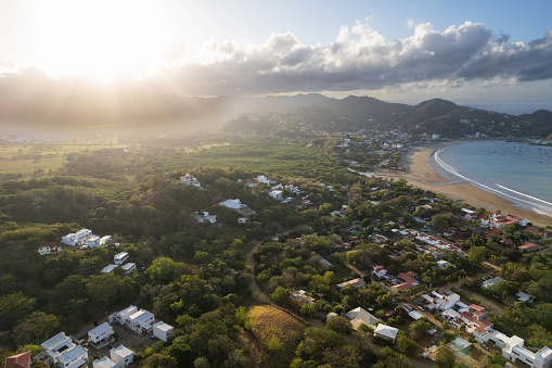 Golden hour morning in San Juan Del Sur aerial drone view