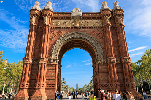 Barcelona, Spain - September 16, 2023: The Arc de Triomf on the promenade of the Passeig de Lluís Companys.