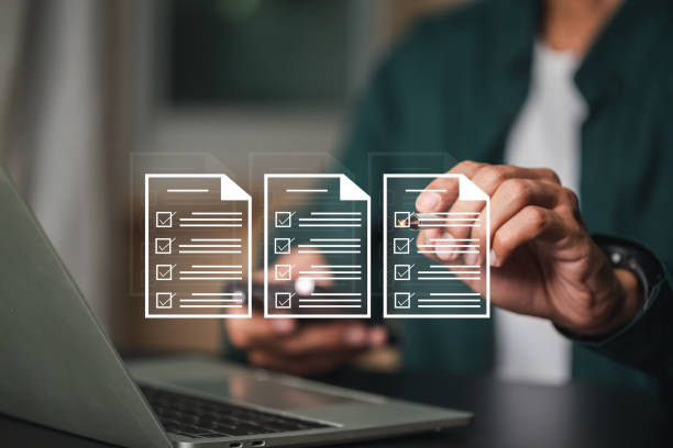 istock Performance checklist, businessman using checklist survey, filling out digital form checklist, take an assessment, questionnaire, evaluation, online survey, online exam. 1716792394