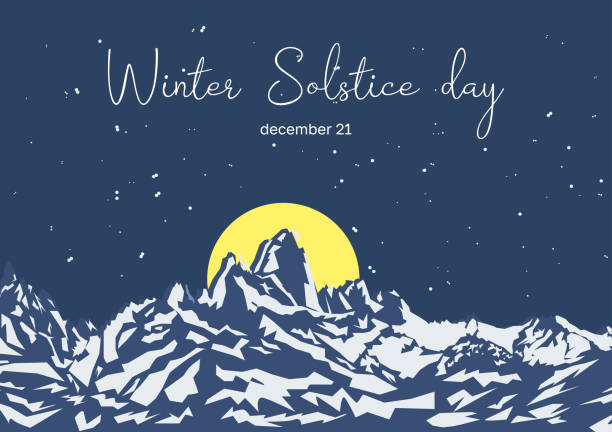 ilustraciones, imágenes clip art, dibujos animados e iconos de stock de día del solsticio de invierno del 21 al 22 de diciembre. la noche más larga del año. cielo oscuro y montañas con atardecer o amanecer. plantilla para invitaciones, carteles, tarjetas de felicitación. ilustración de vector plano - solsticio-de-invierno