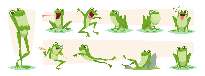 Cartoon frog. Lizards and frog funny action poses exact vector characters isolated. Illustration of character frog animal jump movement, natural catch and jumping