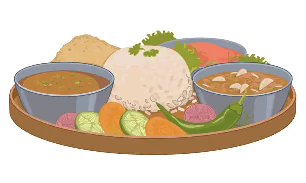 Vector illustration of Nepalese Thali Set (Dal Bhat), Vegetarian dish. Vector, flat style. White boiled rice, curry, flatbread, sauce, yashgurt, vegetables, dal, spicy seasonings. Simple food for strength in the mountains.