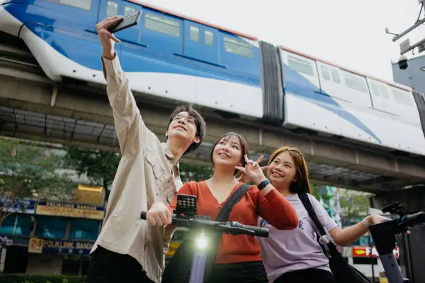 Young asian people taking selfie with smartphone in the city