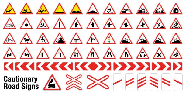 Vector illustration of Traffic signs on the red triangle. Big vector collection