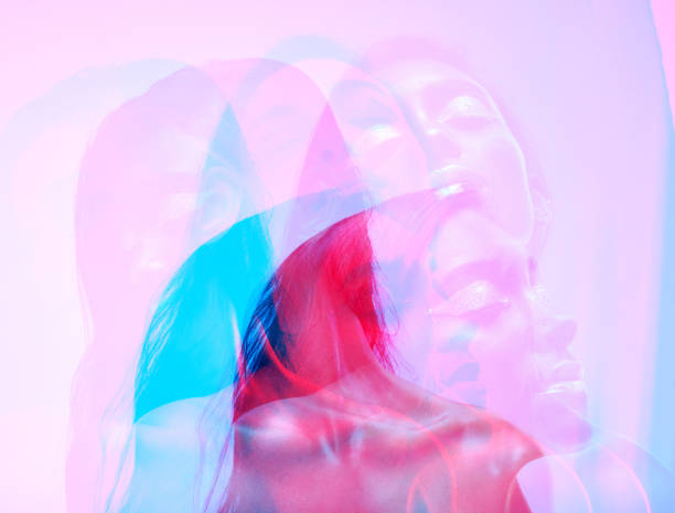 Neon light, double exposure and relax woman with art deco, creative and color lighting for style in studio. Female model, cosmetics and overlay with glow, makeup and freedom with pink background