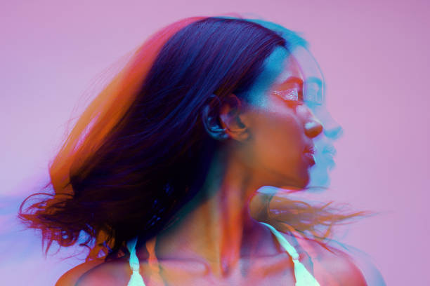 istock Neon, double exposure and woman with art deco, creative and colog lighting for style in studio. Female model, cosmetics and overlay with glow, makeup and person with freedom and pink background 1716842455