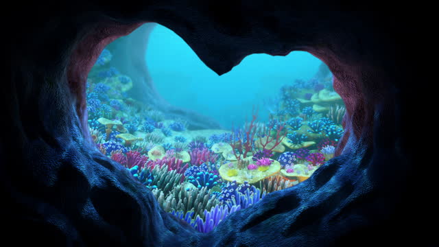 Beautiful coral reefs View from an underwater cave, 3D animation