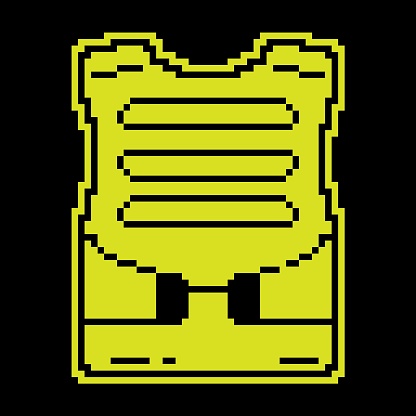 Pixel silhouette icon, soldier body armor. Equipment for protection of chest of soldier in battle. Simple black and yellow vector isolated