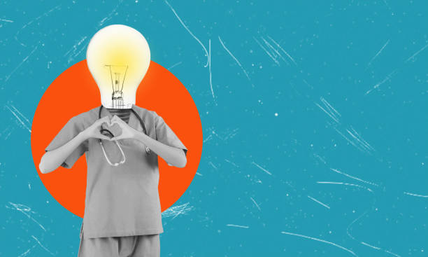 istock Modern artistic collage, a pharmacist in a lab coat holding a heart with their hands. A light bulb in place of their head against a blue background. 1716862084