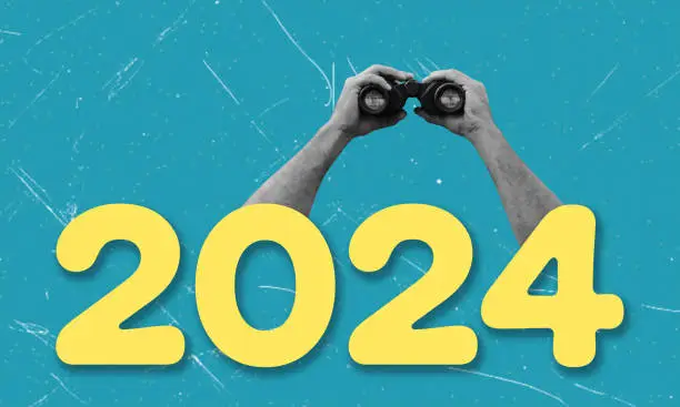 Modern art collage with hand holding binoculars on blue background and 2024 numbers. Concept of goals for the new year 2024, goal setting and plans. Christmas and new year concept.