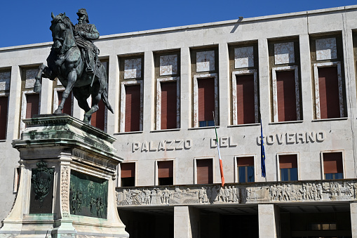 Livorno, Tuscany, september 19, 2023 : Equestrian statue of Vittorio Emanuele II created by Augusto Rivalta in 1892 in the city of Livorno