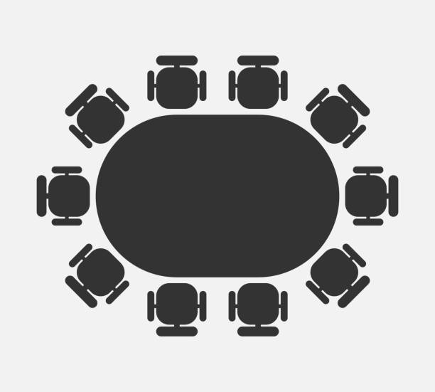 Talks table icon Oval table for talks graphic icon. Table and chairs around him sign isolated on white background. Vector illustration conference table stock illustrations
