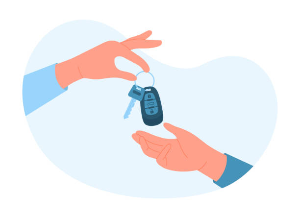 Buying, renting or parking car, carsharing service, hand giving remote auto key to hand Buying, renting or parking car, carsharing service vector illustration. Cartoon hand of agent salesman or owner holding automatic remote auto key to give customer, sale or purchase deal of automobile landlord stock illustrations