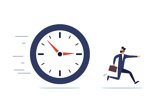 Clock chasing male businessman, countdown or time management concept. Deadline concept. Illustration