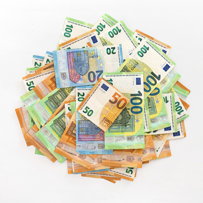 Pile of euro banknotes from above