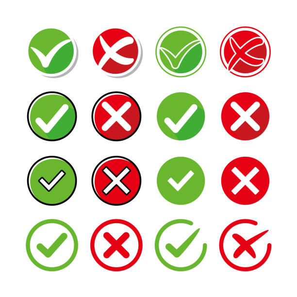 stockillustraties, clipart, cartoons en iconen met green tick check mark and cross mark symbols icon element. set of cancel and check button collection to make an icons - tipp ex