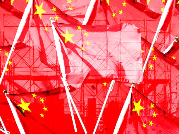double exposure creative hologram of unfinished supertall building and chinese flag. describe china's real estate collapse, bubble, financial turmoil, and china's lehman storm - stock market china shenzhen asia imagens e fotografias de stock