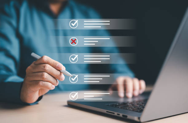 istock Quality control, Checklist follow steps, Online survey filling out form quality check improvement. Standardization, certification. Compliance with regulations for products, services, and standards. 1716924596
