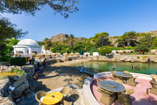 Photo of The beautiful buildings at Kalithea Springs constructed in the 1930s, Rhodes Island, Greece, Europe. Kallithea Therms, Kallithea Springs located at the bay of Kallithea on Rhodes island, Greece.