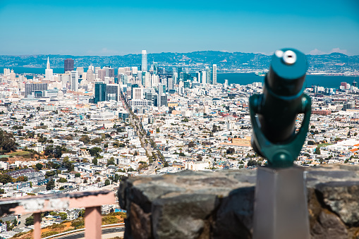 Stationary telescope with a view of the San Francisco panorama from Christmas Tree Point.