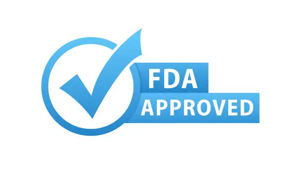 Vector illustration of FDA approved grunge rubber stamp on white background. Flat banner. Food approved logo template. Vector illustration