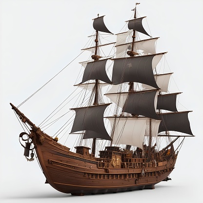 Old wooden pirate ship seen from rear perspective. 3D illustration isolated on white background with clipping path.