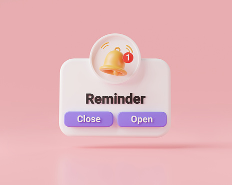 Reminder notification concept. Notifications page with bell alert and alarm, Reminder calendar, Events, Business planning, Social media, reminder letter. 3d icon rendering illustration