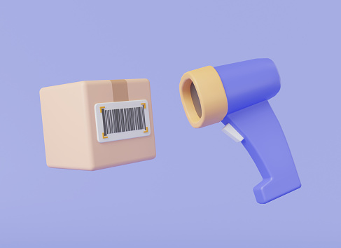 Scanning Barcode with parcel box. Warehouse management system, Product identification. Account of goods. label barcode, barcode reader, delivery box. 3d icon minimal render illustration