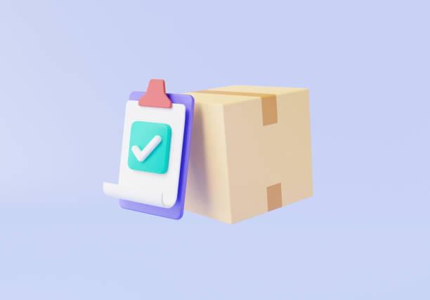 Ordered goods confirmed on purple background. Products delivery successful, Parcel box and confirmed order. Delivery order, Fast delivery concept. 3d icon render illustration. Cartoon minimal style