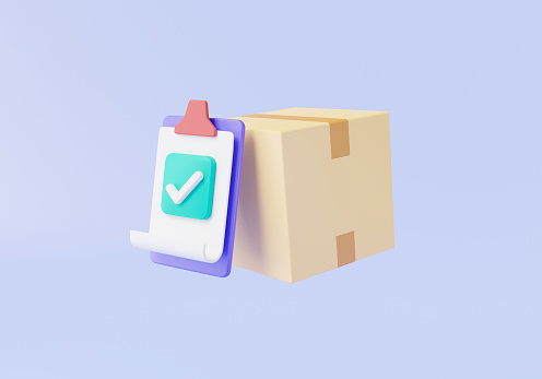 Ordered goods confirmed on purple background. Products delivery successful, Parcel box and confirmed order. Delivery order, Fast delivery concept. 3d icon render illustration. Cartoon minimal style