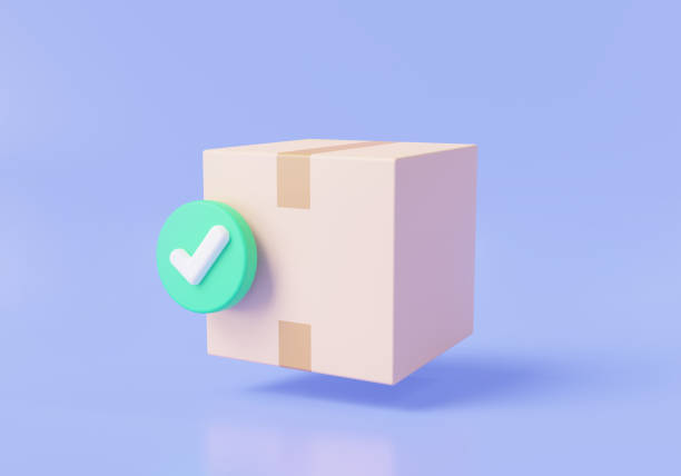 istock Parcel box with checkmark for Ordered goods confirmed on purple background. Products delivery successful, Delivery order, Fast delivery concept. 3d icon render illustration. Cartoon minimal style 1716941336