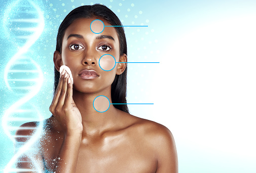 Skincare, science and cotton on woman face in studio with dna, genetics or checklist overlay on gradient background. Beauty, facial and portrait of model with scientific, swab or cosmetic cleaning