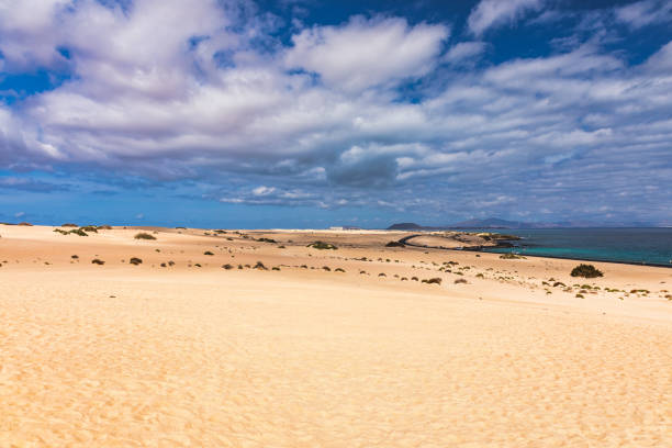 Sand dunes, Las Dunas de Corralejo, Corralejo Natural Park, dramatic cloud formation, Fuerteventura, Canary Islands, Spain. Sand dunes landscape, Corralejo, Fuerteventura, Canary Islands, Spain.