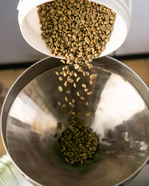 verter granos verdes en la tolva de granos en la máquina tostadora de café - roasted machine bean mixing fotografías e imágenes de stock