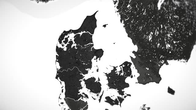 Zoom in on monochrome map of Denmark, 4K, high quality, dark theme, simple world map, monochrome style, night, highlighted country and cities, satellite and aerial view of provinces, state, city,