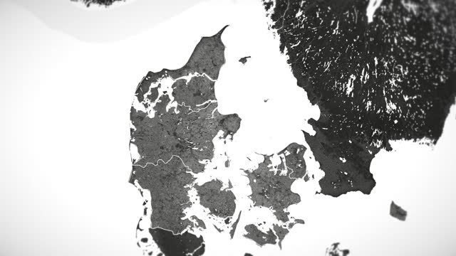 Zoom in on monochrome map of Denmark, 4K, high quality, dark theme, simple world map, monochrome style, night, highlighted country and cities, satellite and aerial view of provinces, state, city,