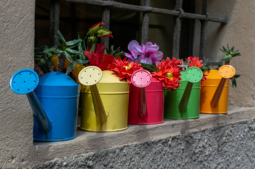 Colorful watering cans on the wall of an old house in Italy