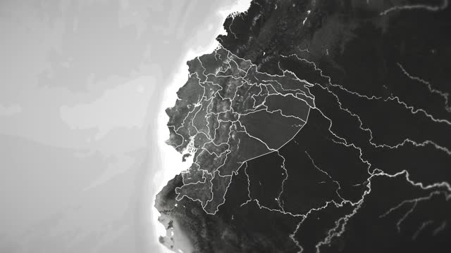 Zoom in on monochrome map of Ecuador, 4K, high quality, dark theme, simple world map, monochrome style, night, highlighted country and cities, satellite and aerial view of provinces, state, city,