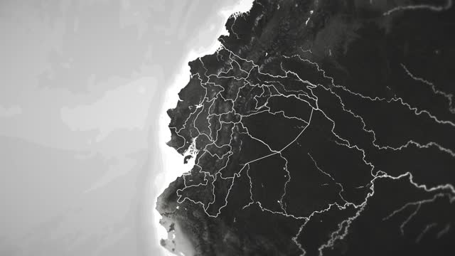 Zoom in on monochrome map of Ecuador, 4K, high quality, dark theme, simple world map, monochrome style, night, highlighted country and cities, satellite and aerial view of provinces, state, city,