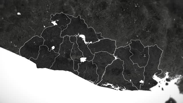Zoom in on monochrome map of El Salvador, 4K, high quality, dark theme, simple world map, monochrome style, night, highlighted country and cities, satellite and aerial view of provinces, state, city,