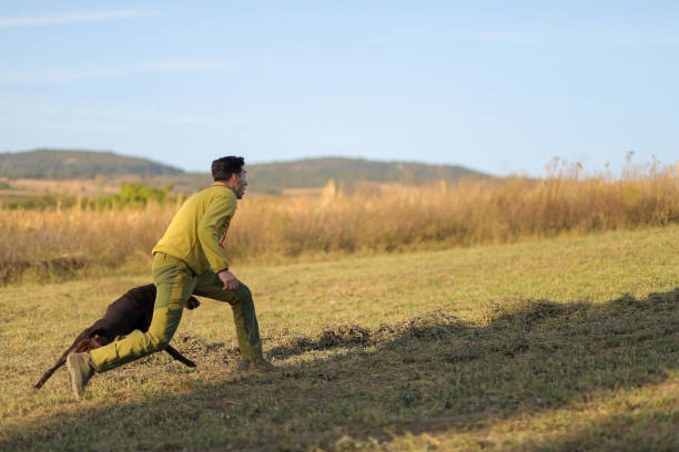 istock Beautiful  German Shorthaired Pointer dog and its owner during outdoors obedience training session.Man with hunting dog portrait. stock photo 1716972197