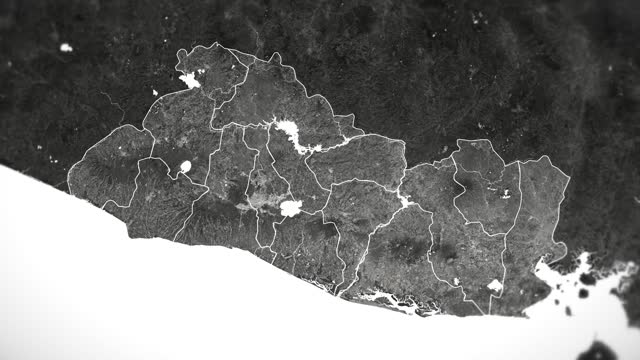 Zoom in on monochrome map of El Salvador, 4K, high quality, dark theme, simple world map, monochrome style, night, highlighted country and cities, satellite and aerial view of provinces, state, city,