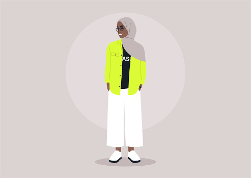 A Muslim girl donning a hijab paired with a casual and contemporary outfit, blending modern fashion with tradition