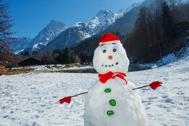 Close-up of a snowman in a scarf Santa hat red mittens a carrot nose and a charming smile, gazes out with stunning eyes at mountains