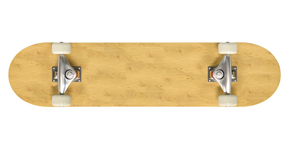wooden skateboard seen from below isolated on white. 3d render