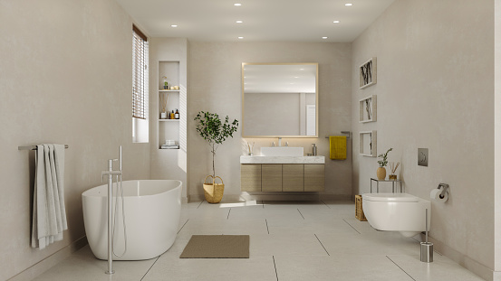 Modern Bathroom Interior With Bathtub, Cabinet, Potted Plant And Toilet