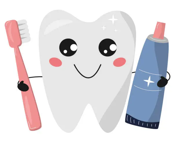 Vector illustration of Cute tooth with toothbrush and toothpaste